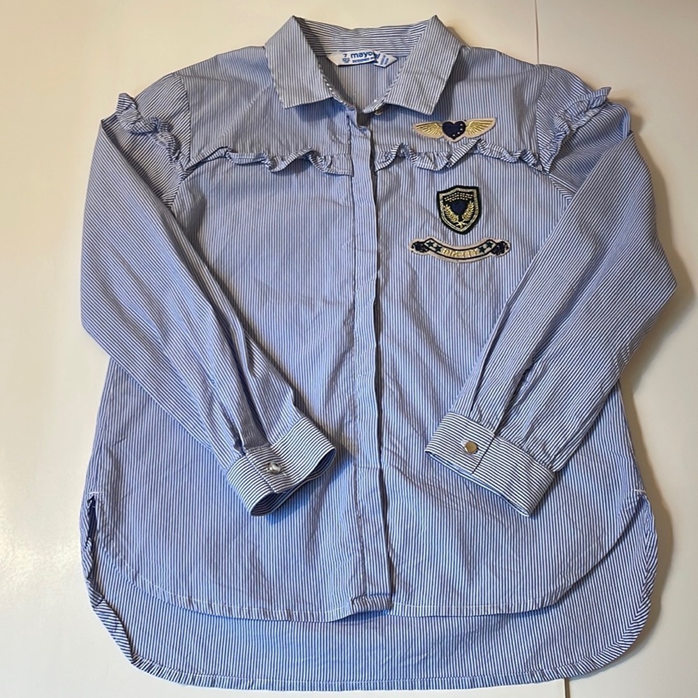 Mayoral Blue/White Stripped Blouse with Military Style Patches Size 7